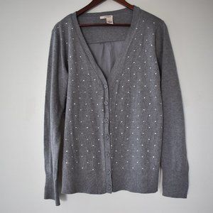 DKNY Jeans gray button up V-neck cardigan with diamond rhinestones size M